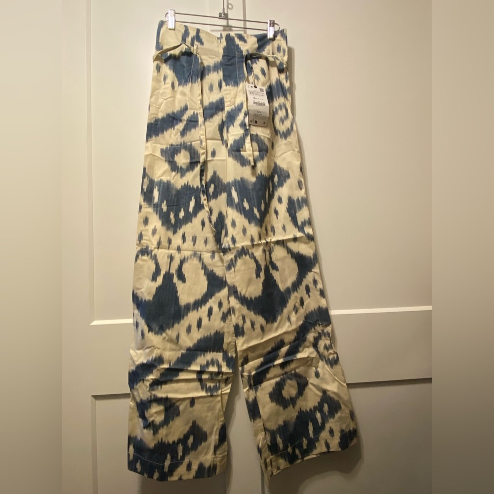 High Waisted Blue Creme Ikat Pants Slacks, 100% Cotton